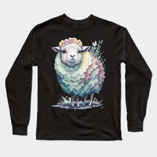 Sheep with Flower Crown: Scattered Watercolor in Pastel Colors Long Sleeve T-Shirt